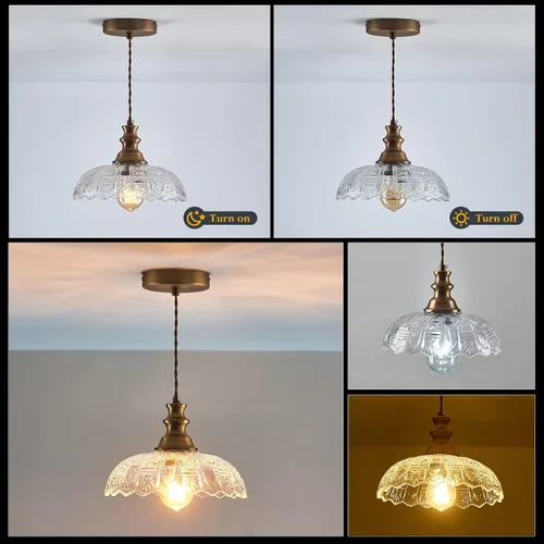 Miniatura 3 de Lámpara Colgante de 1 Luz con Pantalla de Vidrio de Metal Bronce Frotado con Aceite y Cable Ajustable, Lámpara Colgante de Techo Industrial