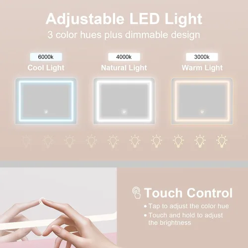 Miniatura 4 de Tocador de maquillaje con espejo iluminado y toma de corriente – 2 estantes, 2 cajones, almacenamiento inferior – Viene con taburete tapizado (rosa)