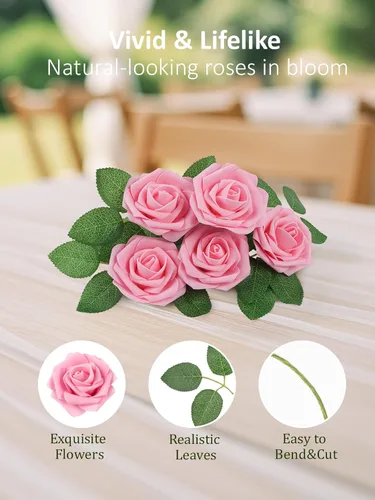 Miniatura 115 de N&T NIETING Flores artificiales, rosas artificiales de color rosa intenso, 50 piezas de flores falsas con tallo para ramos de boda DIY, centros