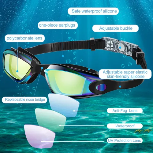 Miniatura 2 de Flutesan Paquete de 6 gafas de natación para adultos, antiniebla, con tapones para los oídos, clip para la nariz, sin fugas, protección completa