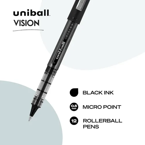 Miniatura 3 de Bolígrafo de punta rodante Uniball Vision - Paquete de 12, bolígrafos negros, tamaño de punta micro de 0.5 mm - Escritura suave, bolígrafos