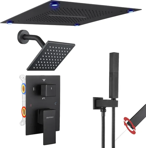 Miniatura 12 de VANFOXLE Juego de grifo de ducha dorado cepillado, grifo de ducha con 2 en 1 de mano, cabezal de ducha LED de 16 pulgadas, cabezal de ducha LED de 6