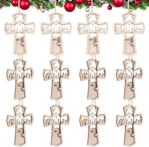 Miniatura 14 de Blulu Juego de 4 piezas de adornos navideños de escena de la natividad, set de regalo a granel, adorno colgante de madera cristiano 3D para árbol