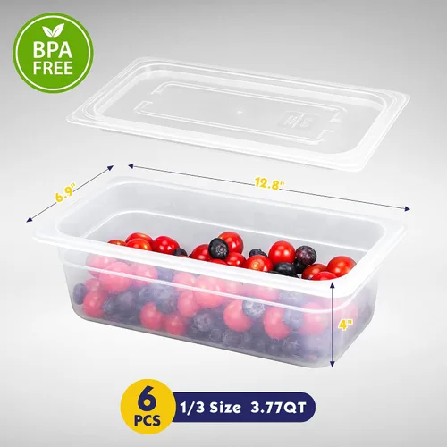 Miniatura 2 de BIEAMA Paquete de 6 sartenes de 1/3 de 4 pulgadas de profundidad con tapas, polipropileno translúcido, sin BPA, almacenamiento comercial apilable