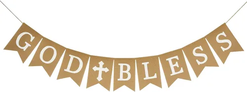 Miniatura 7 de Cartel de arpillera "God Bless" – Decoración cristiana rústica para baby shower, bautismo, bautismo y primera comunión (impresión blanca)