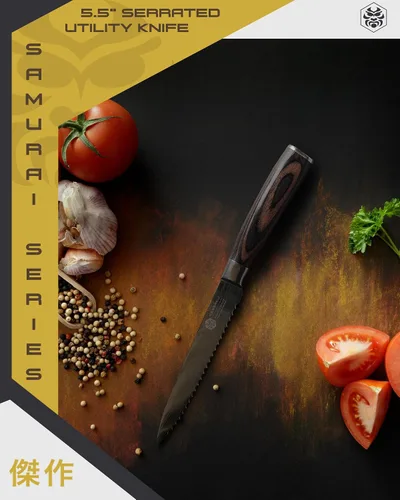 Miniatura 8 de KESSAKU Cuchillo multiusos dentado de 5.5 pulgadas - Serie Samurai - Cuchillo de cocina afilado - Acero inoxidable de alto carbono forjado 7Cr17MoV