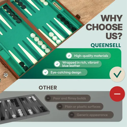 Miniatura 7 de Juego de backgammon premium de 15 pulgadas para adultos – Tablero clásico de backgammon de gamuza sintética con 32 fichas, vasos para dados y cubo