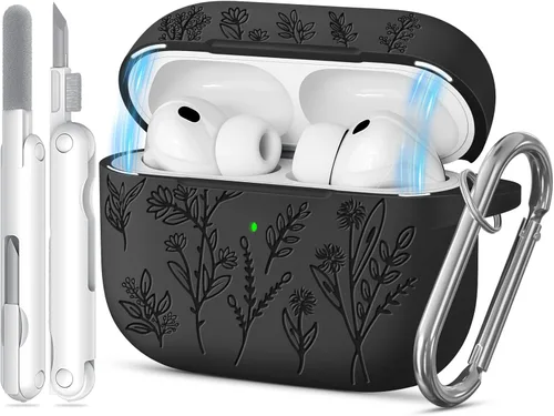 Funda para Airpods Pro 3 con tapa magnética, fundas grabadas con flores para Apple AirPods Pro de 3ª generación 2025, funda de silicona suave para