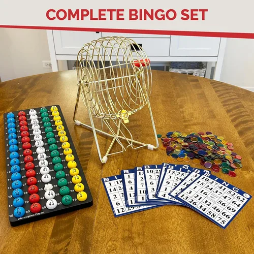 Miniatura 8 de MR CHIPS Juego de bingo de 11 pulgadas de alto con jaula de acero, juego profesional eterno, bolas de 7/8 pulgadas, 18 tarjetas y 300 fichas