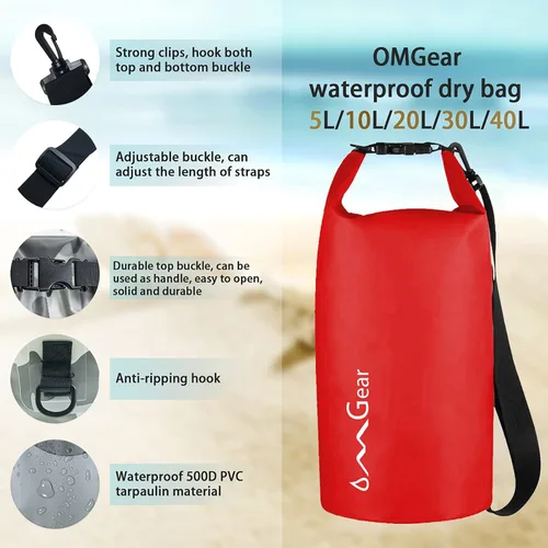 Miniatura 3 de OMGear - Bolsa seca impermeable y bolsa para teléfono, bolsa flotante de 40L/30L/20L/10L/5L para kayak, navegación, actividades al aire libre Rojo