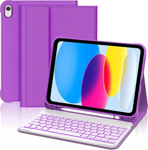 Miniatura 14 de KVAGO Funda para iPad (A16) de 11ª y 10ª generación con teclado, teclado desmontable inalámbrico retroiluminado de 7 colores, funda de teclado folio