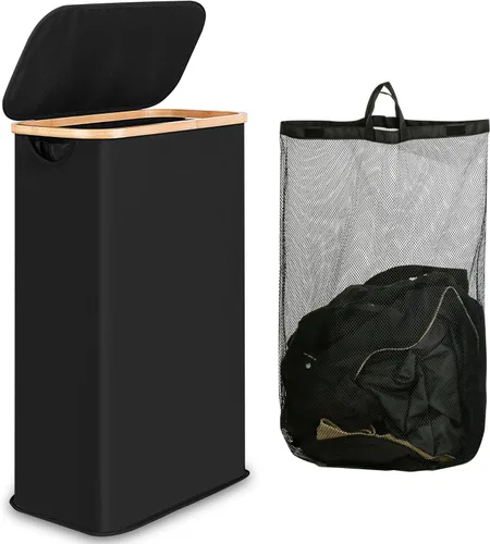 Miniatura 9 de iEGrow Cesta de lavandería delgada de 65L, cesta de lavandería estrecha con tapa, cesta de ropa plegable con asas de bambú, cesta de lavandería