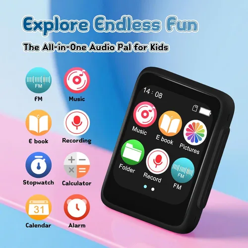 Miniatura 6 de Reproductor de MP3 para niños con Bluetooth y altavoz, reproductor de música portátil simple para niños, radio FM de 32 GB, lector de libros Negro