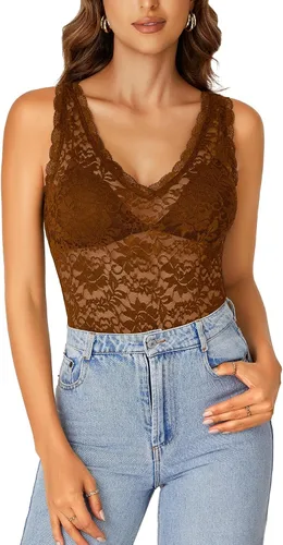 Miniatura 15 de Rooscier - Blusa sin mangas para mujer, con encaje floral, cuello en V, con volantes, transparente, sin sujetador