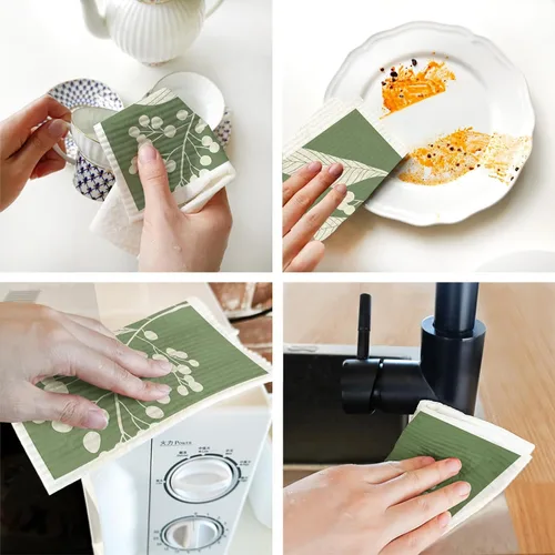 Miniatura 3 de Paños de cocina suecos para cocina, paquete de 6 paños de cocina de hojas verdes, paños de esponja de celulosa, toallas de papel reutilizables