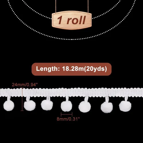 Miniatura 2 de PH PandaHall 22 yardas con pompones de 0.945 in, cinta blanca para coser, borlas de encaje para coser almohada, ropa, manualidades, fiestas, Blanco