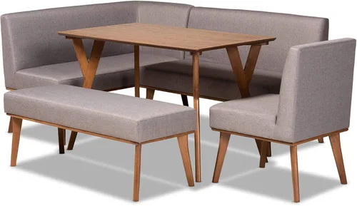 Miniatura 8 de Baxton Studio Odessa - Banco de comedor tapizado de tela gris y acabado marrón nogal, banco de comedor de madera