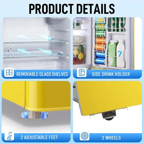 Miniatura 7 de WANAI Mini refrigerador de 2 puertas y 2 manijas con congelador en la parte superior, espacioso refrigerador pequeño de 3.5 pies cúbicos con Amarillo