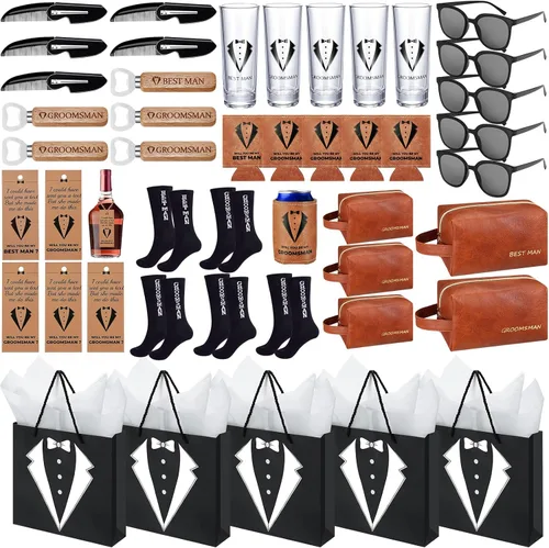Miniatura 12 de 60 piezas de regalos para padrinos de boda, caja de propuesta para padrinos de boda con vasos de chupito, calcetines, gafas de sol, bolsa de aseo