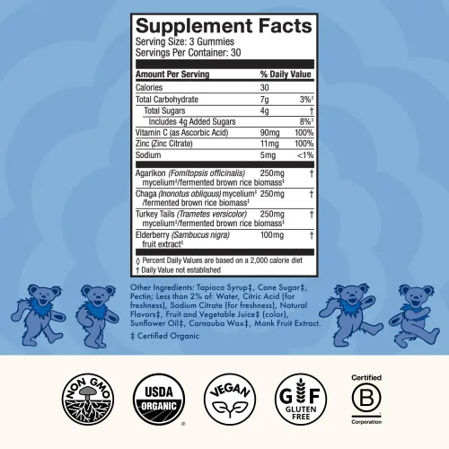 Miniatura 2 de Host Defense Beary Well Grateful Dead - Gomitas de hongos con agarikon, cola de pavo, chaga, saúco, vitamina C y zinc, salud del sistema