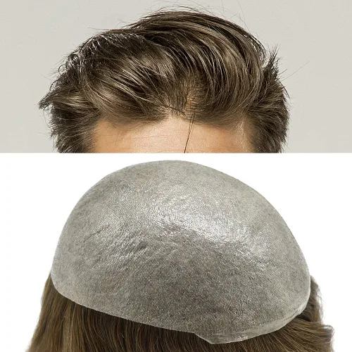 Miniatura 12 de Toupee para hombres pieza de pelo 0.002 in piel ultra fina para hombre Toupee cabello humano gris sistema de reemplazo para hombres sistema