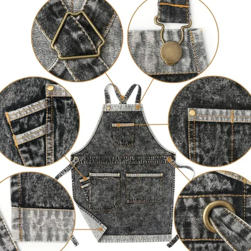 Miniatura 2 de Jeanerlor - Delantales de trabajo de mezclilla con bolsillos para mujeres y hombres, correas cruzadas y ajustables de S a XXXL, Negro