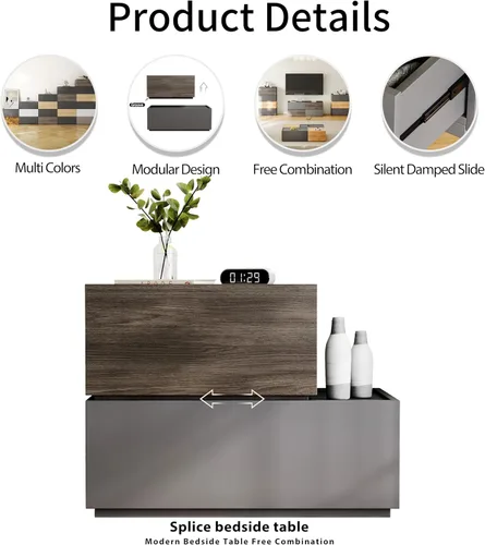Miniatura 7 de Mesita de noche moderna con cajones de almacenamiento apilables, juego de muebles modulares para dormitorio - armario de almacenamiento, mesita