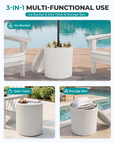 Miniatura 4 de SERWALL Outdoor Round Umbrella Side Table, 3-in-1 Ice Bucket & Side Table & Storage Box, Multi-Functional Use for Porch/Patio/Poolside, Beige