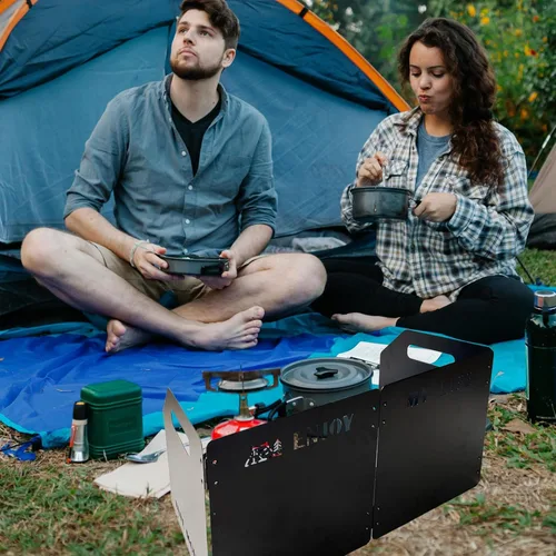Miniatura 5 de Parabrisas plegable para estufa, 4 placas, de acero inoxidable, para exteriores, picnic, mochilero y cocina, color negro