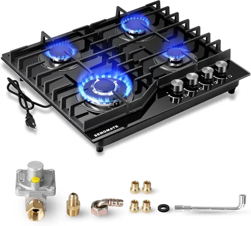 Placa de cocina de gas de 24 pulgadas, estufa de gas de 4 quemadores, diseño integrado o de encimera, vidrio templado negro, convertible a NG/LPG,