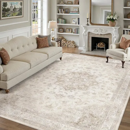Miniatura 2 de PureCozy - Alfombra de área beige de 8 x 10, lavable, vintage, alfombra para sala de estar, dormitorio, gran alfombra suave retro de pelo bajo