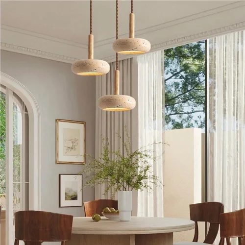 Miniatura 2 de Lámpara colgante japonesa Wabi-Sabi 3000K luz cálida LED lámpara colgante vintage amarillo travertino lámpara colgante con detalles de madera