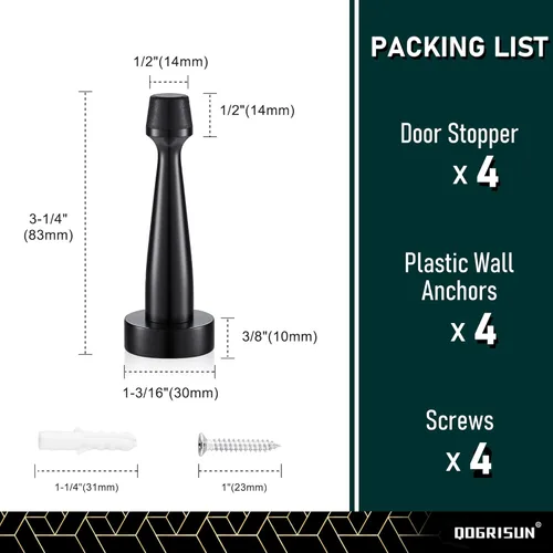 Miniatura 3 de QOGRISUN 's Topes de puerta negros de latón macizo resistentes, 3-1/4 pulgadas de longitud total de tope decorativo de puerta protector de pared