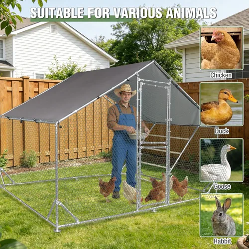 Miniatura 6 de Gallinero grande de metal con cubierta impermeable, jaula para aves de corral para caminar al aire libre con perca de gallo, corralito