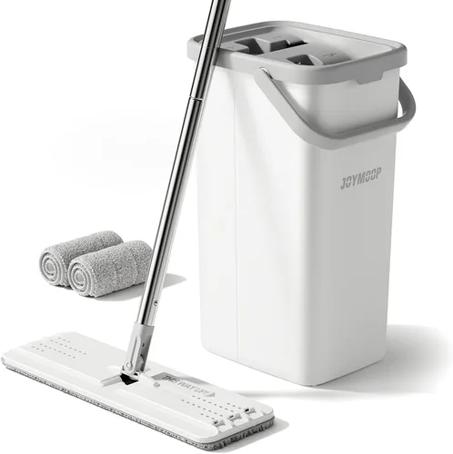 Miniatura 12 de JOYMOOP Juego de trapeador y cubeta con escurridor, trapeador plano de piso sin manos y cubeta, trapeador de 152 cm con 6 almohadillas de microfibra