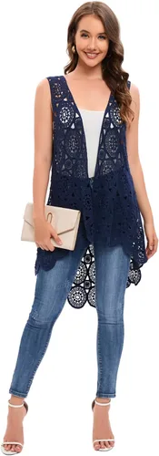 Miniatura 6 de Chaleco de encaje de ganchillo para mujer, estilo bohemio, sin mangas, kimono con dobladillo irregular