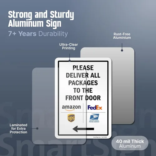 Miniatura 4 de SmartSign 10 x 7 pulgadas “Por Favor Entregue Todos Los Paquetes en La Puerta Delantera” Letrero de Flecha Izquierda para Patio, Lámina de Aluminio