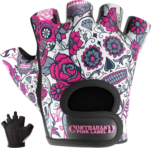Contraband Pink Label 5237 - Guantes de entrenamiento de diseñador para mujer, estampado de calavera de azúcar y acolchado Grip-Lock™ (rosa, XS)