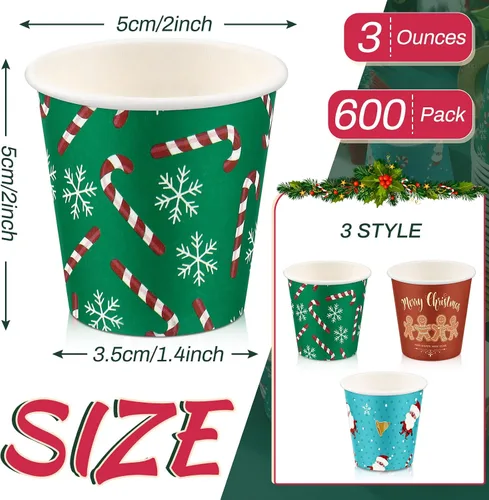 Miniatura 3 de Cunhill Paquete de 600 vasos de papel de Navidad de 3 onzas, pequeños vasos desechables para baño con diseño de copos de nieve de Papá Noel y pan