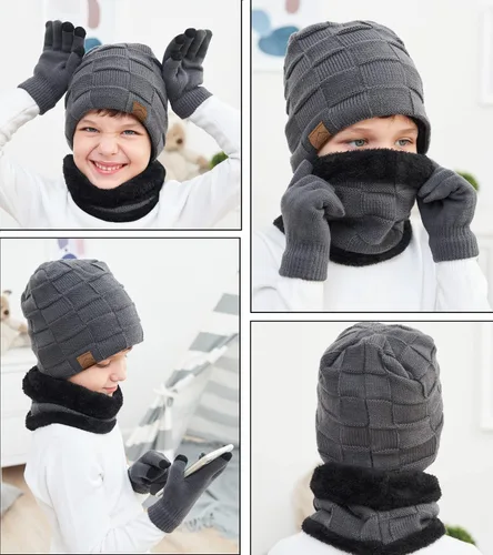 Miniatura 6 de KMOLY Gorro de invierno para niños, bufanda y pantalla táctil, juego de guantes para niños y niñas de 4 a 15 años, gorro de calavera, gorro de punto