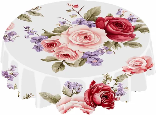 IBILIU Mantel redondo con diseño floral de rosas, flores de acuarela, flores rosas, flores moradas, mantel circular decorativo para cocina,