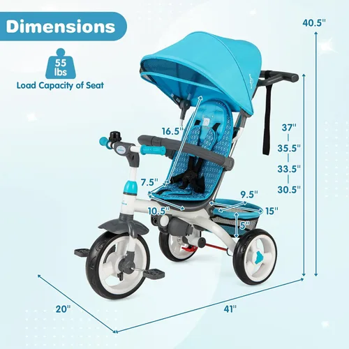 Miniatura 8 de Costzon - Triciclo para niños pequeños, 6 en 1 con mango para padres, toldo ajustable, almacenamiento, arnés de seguridad y frenos de rueda