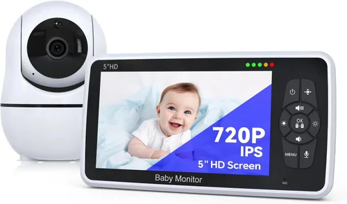 Babystar Monitor de bebé con cámara y audio, resolución HD 720P, pantalla de 5 pulgadas, 4000 mAh hasta 22 horas de batería, zoom panorámico remoto,