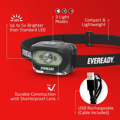 Miniatura 2 de Eveready Linterna frontal recargable LED, faro resistente al agua para exteriores, camping y luz de trabajo mecánico