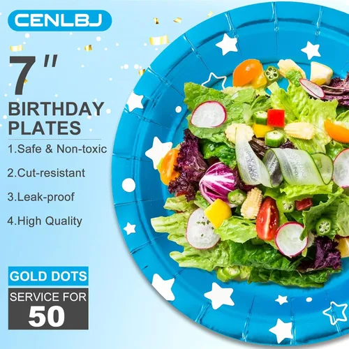 Miniatura 3 de Platos de papel de fiesta de feliz cumpleaños, platos de postre azules, 7 pulgadas, 50 unidades, decoración de fiesta de cumpleaños de lunares