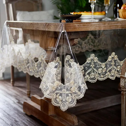 Miniatura 9 de ARTABLE Mantel rectangular de vinilo de PVC, impermeable, transparente, con borde de macramé de encaje champán, para boda, cocina, hogar