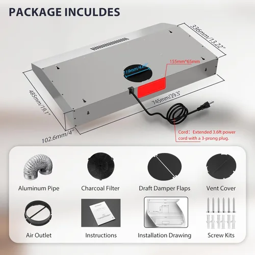 Miniatura 5 de Campana extractora de 30 pulgadas para debajo del gabinete, campana extractora de cocina convertible con conductos/sin conductos, ventilador