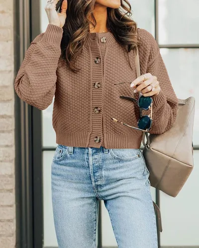 Miniatura 7 de PRETTYGARDEN Cárdigan corto con botones y frente abierto para mujer, lindo otoño, manga larga, abrigos de punto grueso 2023