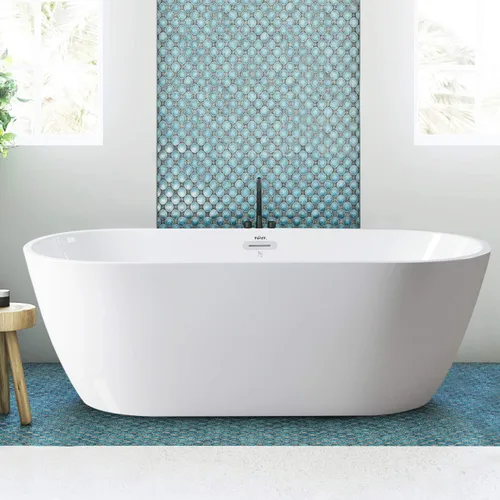 Miniatura 8 de FerdY 59" Bañera de acrílico independiente Bali Elite, bañera independiente de inmersión con forma elegante, certificada cUPC, desagüe negro Toe-Tap