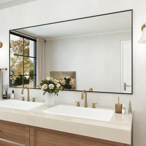 Miniatura 17 de Espejo de baño con marco de metal negro mate, espejo rectangular de tocador de 55 x 36 pulgadas, espejo de pared rectangular grande, antioxidante